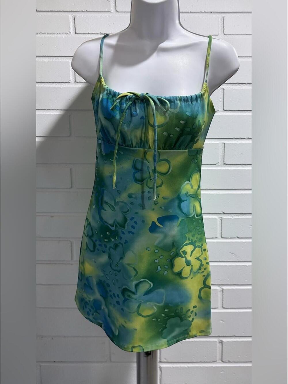 Green & Blue Floral Mini Dress - Sleeveless Tie Front